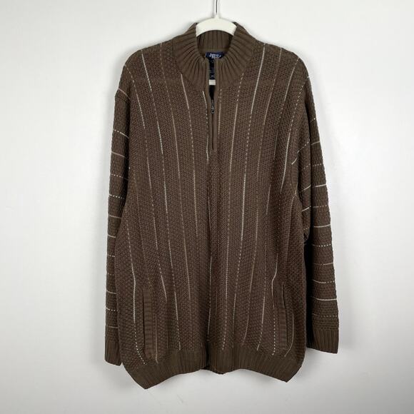 VTG John Blair Mens XL Cardigan Sweater Zip Up Knit Jacket Brown Stripe Pockets - Picture 1 of 16